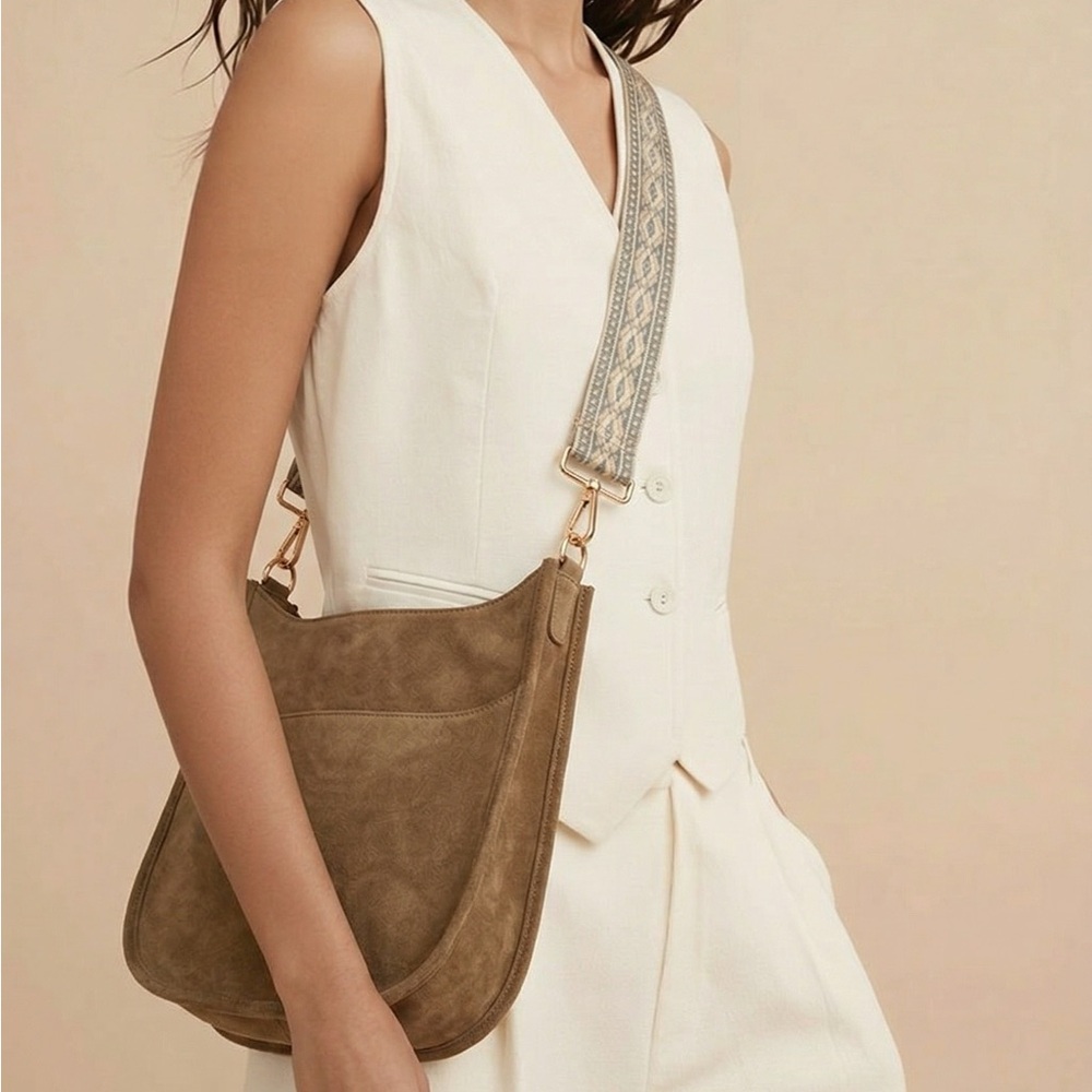 Ah dorned side tan studded crossbody with embroidered strap Aztec